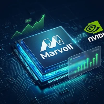 A glowing Marvell custom AI chip on a circuit board with the Marvell and Nvidia logos and a green plus 6 percent chart