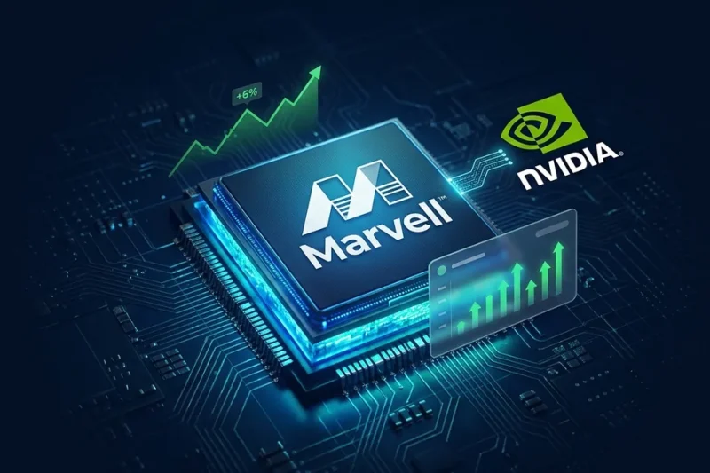 A glowing Marvell custom AI chip on a circuit board with the Marvell and Nvidia logos and a green plus 6 percent chart