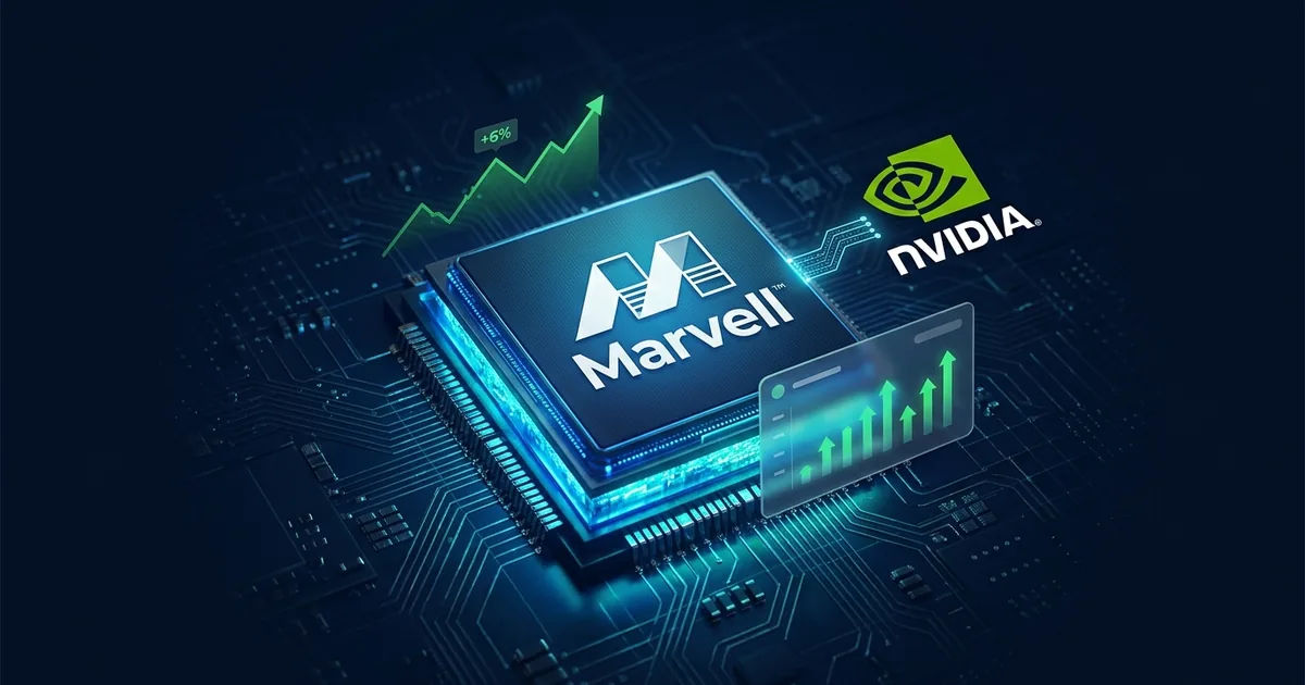 A glowing Marvell custom AI chip on a circuit board with the Marvell and Nvidia logos and a green plus 6 percent chart