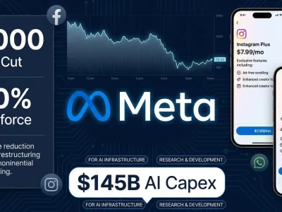 Meta logo with 8000 jobs cut data panel and Instagram Plus and Meta AI Premium subscription mockups alongside 145 billion dollar AI capex callout