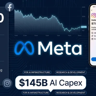 Meta logo with 8000 jobs cut data panel and Instagram Plus and Meta AI Premium subscription mockups alongside 145 billion dollar AI capex callout