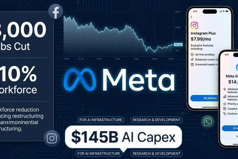 Meta logo with 8000 jobs cut data panel and Instagram Plus and Meta AI Premium subscription mockups alongside 145 billion dollar AI capex callout