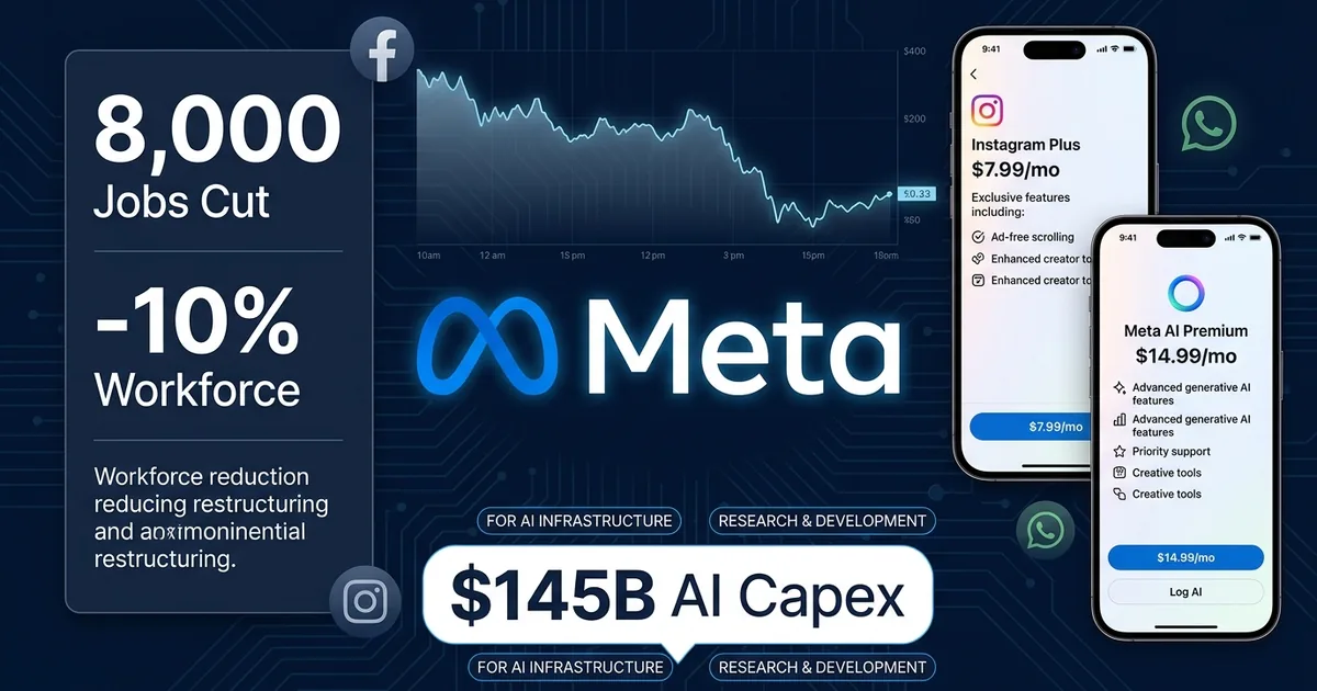 Meta logo with 8000 jobs cut data panel and Instagram Plus and Meta AI Premium subscription mockups alongside 145 billion dollar AI capex callout