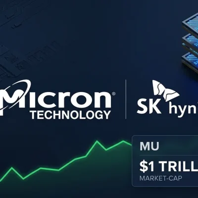 Micron Technology and SK Hynix logos beside a data panel showing MU up 19 percent at a one trillion dollar market cap, with stacked high-bandwidth memory chips and a rising green stock chart