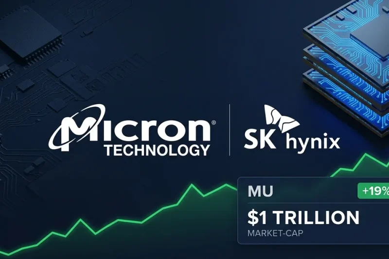 Micron Technology and SK Hynix logos beside a data panel showing MU up 19 percent at a one trillion dollar market cap, with stacked high-bandwidth memory chips and a rising green stock chart
