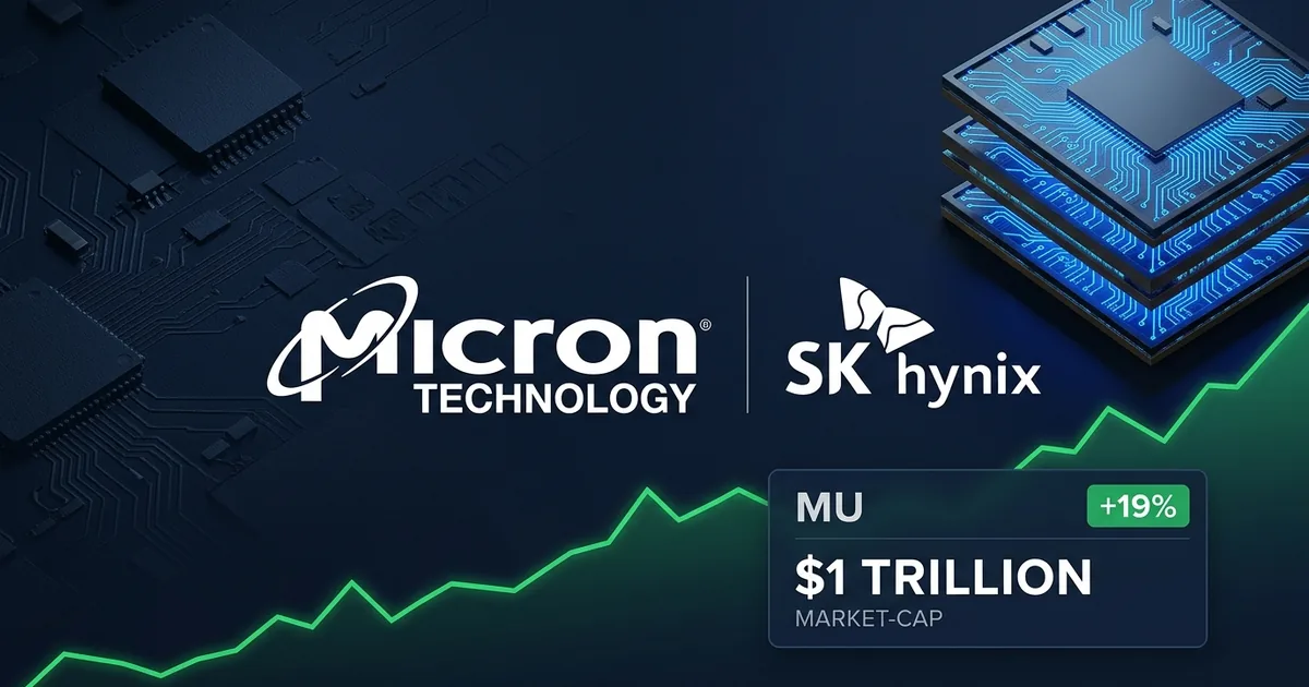 Micron Technology and SK Hynix logos beside a data panel showing MU up 19 percent at a one trillion dollar market cap, with stacked high-bandwidth memory chips and a rising green stock chart