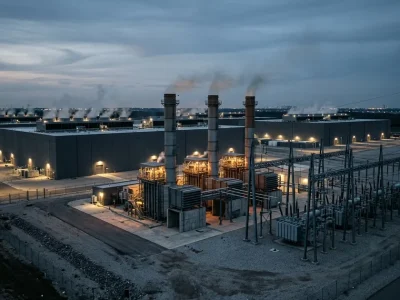 Dusk aerial view of a hyperscale data center campus with industrial natural-gas combustion turbines and a high-voltage transformer substation in the foreground
