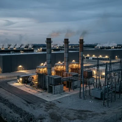 Dusk aerial view of a hyperscale data center campus with industrial natural-gas combustion turbines and a high-voltage transformer substation in the foreground