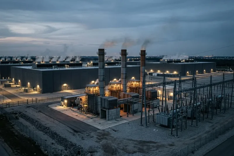 Dusk aerial view of a hyperscale data center campus with industrial natural-gas combustion turbines and a high-voltage transformer substation in the foreground