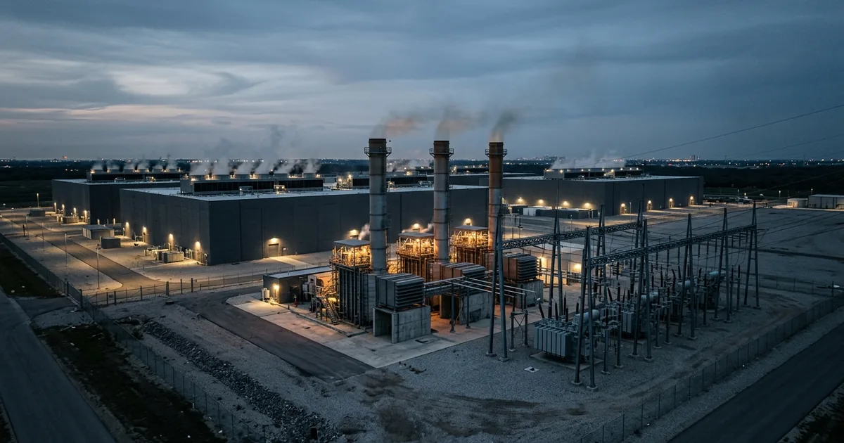 Dusk aerial view of a hyperscale data center campus with industrial natural-gas combustion turbines and a high-voltage transformer substation in the foreground