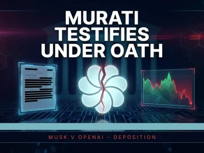 Cracked OpenAI-style emblem centered between a redacted-document panel and a downward sentiment chart, faint courthouse columns behind, dark dashboard composite