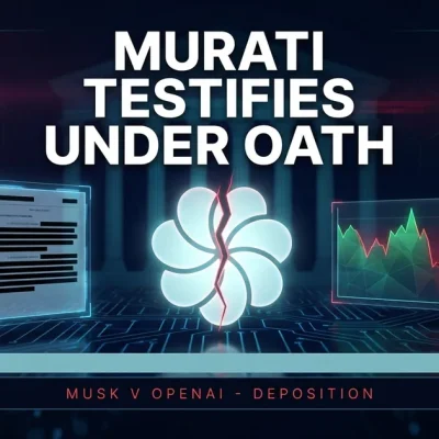Cracked OpenAI-style emblem centered between a redacted-document panel and a downward sentiment chart, faint courthouse columns behind, dark dashboard composite