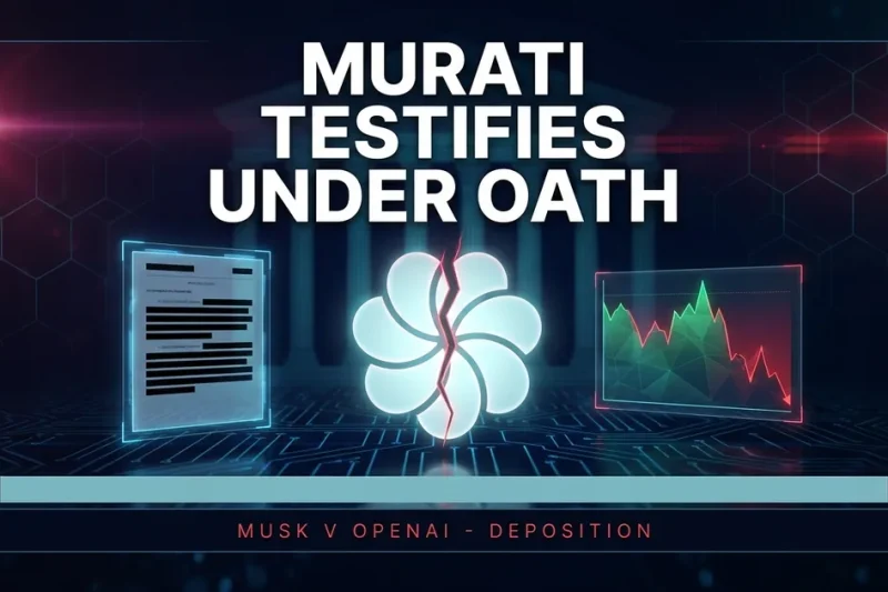 Cracked OpenAI-style emblem centered between a redacted-document panel and a downward sentiment chart, faint courthouse columns behind, dark dashboard composite