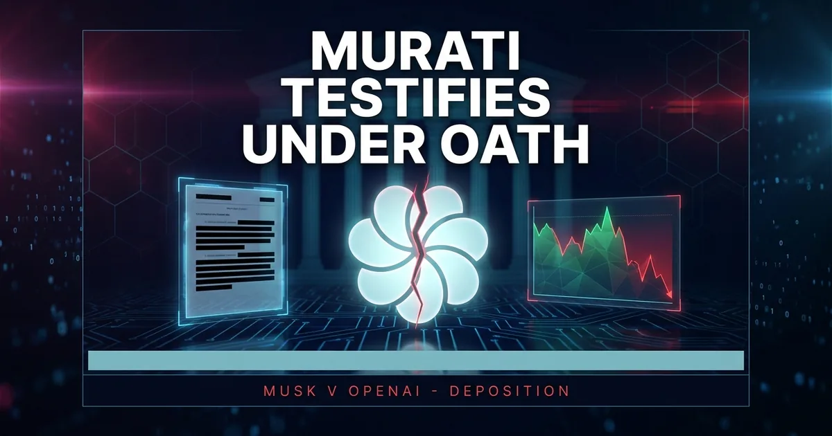 Cracked OpenAI-style emblem centered between a redacted-document panel and a downward sentiment chart, faint courthouse columns behind, dark dashboard composite