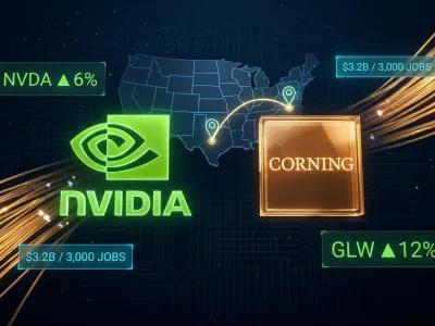 Glowing Nvidia green eye logo and amber Corning logo balanced side by side over a US map with glowing pin markers on North Carolina and Texas, golden optical fiber strands and NVDA up 6 percent and GLW up 12 percent ticker panels on a dark dashboard
