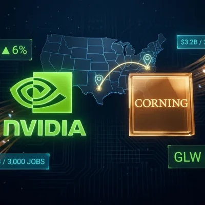 Glowing Nvidia green eye logo and amber Corning logo balanced side by side over a US map with glowing pin markers on North Carolina and Texas, golden optical fiber strands and NVDA up 6 percent and GLW up 12 percent ticker panels on a dark dashboard