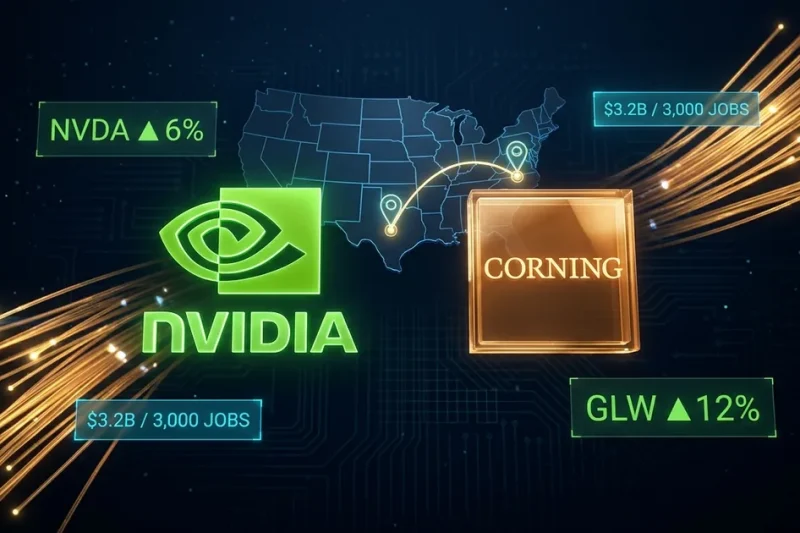 Glowing Nvidia green eye logo and amber Corning logo balanced side by side over a US map with glowing pin markers on North Carolina and Texas, golden optical fiber strands and NVDA up 6 percent and GLW up 12 percent ticker panels on a dark dashboard