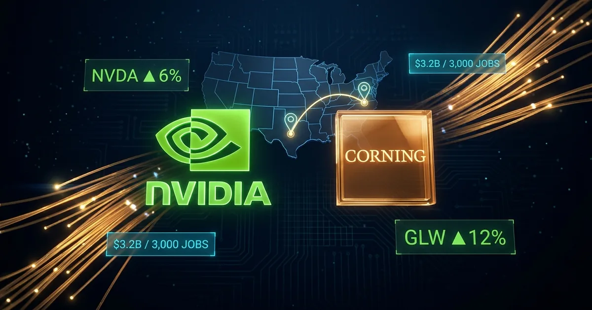 Glowing Nvidia green eye logo and amber Corning logo balanced side by side over a US map with glowing pin markers on North Carolina and Texas, golden optical fiber strands and NVDA up 6 percent and GLW up 12 percent ticker panels on a dark dashboard