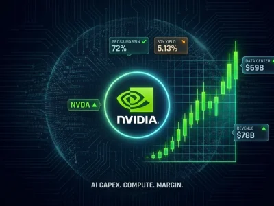 Dashboard hero: glowing Nvidia green-eye logo and NVIDIA wordmark center-left with upward green candlestick chart center-right, surrounded by floating data panels showing NVDA ticker, gross margin 72%, 30Y yield 5.13%, data center $69B, and revenue $78B over a dark navy circuit-board background.