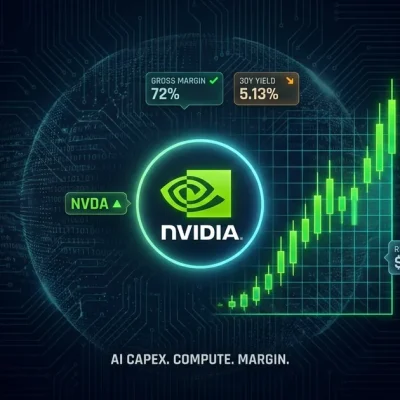 Dashboard hero: glowing Nvidia green-eye logo and NVIDIA wordmark center-left with upward green candlestick chart center-right, surrounded by floating data panels showing NVDA ticker, gross margin 72%, 30Y yield 5.13%, data center $69B, and revenue $78B over a dark navy circuit-board background.