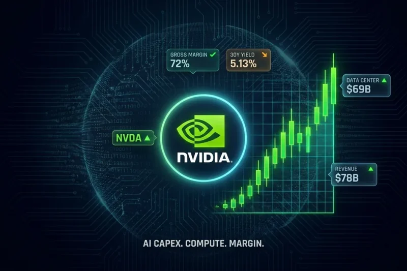 Dashboard hero: glowing Nvidia green-eye logo and NVIDIA wordmark center-left with upward green candlestick chart center-right, surrounded by floating data panels showing NVDA ticker, gross margin 72%, 30Y yield 5.13%, data center $69B, and revenue $78B over a dark navy circuit-board background.
