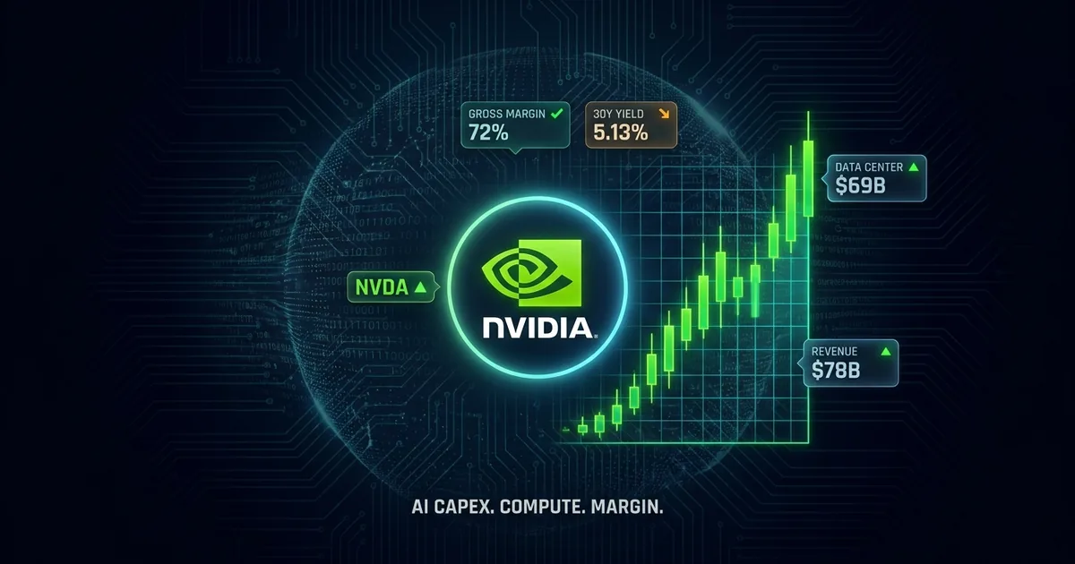 Dashboard hero: glowing Nvidia green-eye logo and NVIDIA wordmark center-left with upward green candlestick chart center-right, surrounded by floating data panels showing NVDA ticker, gross margin 72%, 30Y yield 5.13%, data center $69B, and revenue $78B over a dark navy circuit-board background.