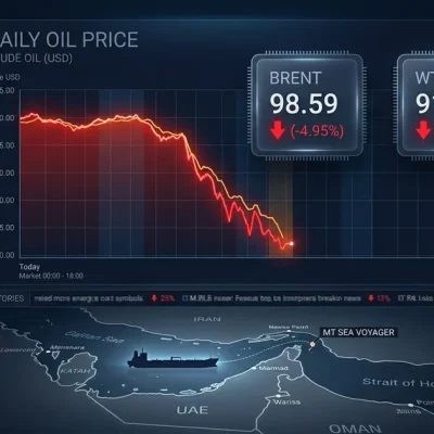 Financial dashboard showing crude oil prices crashing, Brent at 98.59 and WTI at 91.71 in red with a steep downward chart and a map of the Strait of Hormuz with an oil tanker