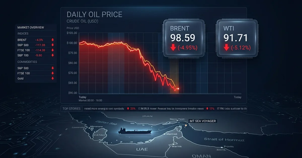 Financial dashboard showing crude oil prices crashing, Brent at 98.59 and WTI at 91.71 in red with a steep downward chart and a map of the Strait of Hormuz with an oil tanker