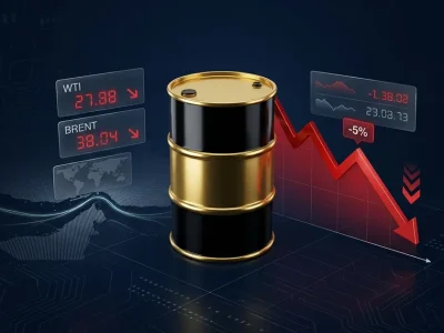 A crude oil barrel next to a red downward chart marked minus 5 percent with WTI and Brent price panels