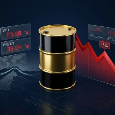 A crude oil barrel next to a red downward chart marked minus 5 percent with WTI and Brent price panels