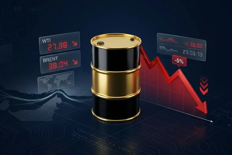 A crude oil barrel next to a red downward chart marked minus 5 percent with WTI and Brent price panels