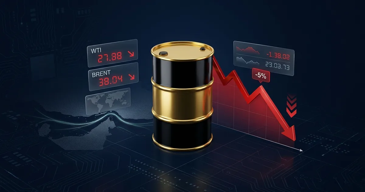 A crude oil barrel next to a red downward chart marked minus 5 percent with WTI and Brent price panels