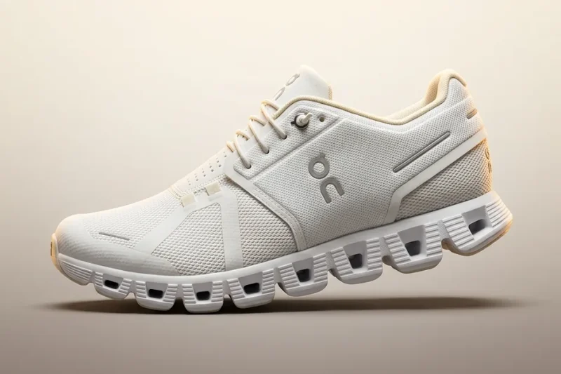 Premium photoreal product close-up of a single white-and-cream On Cloud running shoe with its distinctive CloudTec sole pods, three-quarter side view on a clean warm cream-to-taupe studio gradient backdrop, with a small ON brand logo lockup in the upper-left corner