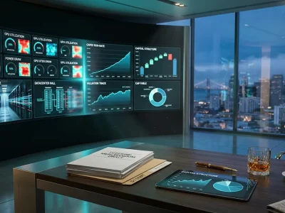 CFO strategy command suite at twilight with a dual-zone video wall showing GPU utilization, power draw and datacenter telemetry on the left and capex run-rate, capital structure, valuation and cap-table charts on the right; foreground desk holds an Offering Memorandum stack, an S-1 Draft folder, a tablet with a capital-structure chart, a fountain pen, a whiskey tumbler, and a folded financial broadsheet, with a soft-focus San Francisco skyline through the window