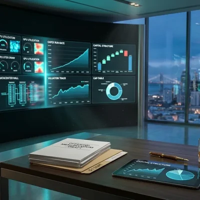 CFO strategy command suite at twilight with a dual-zone video wall showing GPU utilization, power draw and datacenter telemetry on the left and capex run-rate, capital structure, valuation and cap-table charts on the right; foreground desk holds an Offering Memorandum stack, an S-1 Draft folder, a tablet with a capital-structure chart, a fountain pen, a whiskey tumbler, and a folded financial broadsheet, with a soft-focus San Francisco skyline through the window
