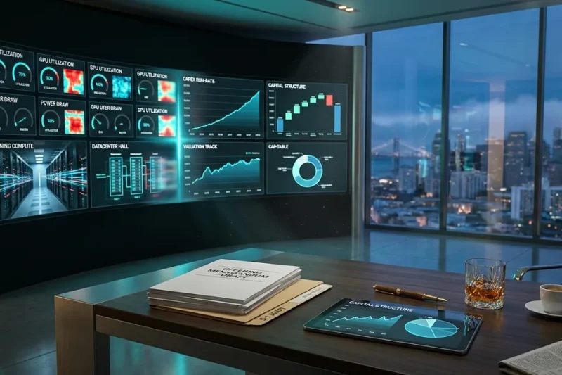 CFO strategy command suite at twilight with a dual-zone video wall showing GPU utilization, power draw and datacenter telemetry on the left and capex run-rate, capital structure, valuation and cap-table charts on the right; foreground desk holds an Offering Memorandum stack, an S-1 Draft folder, a tablet with a capital-structure chart, a fountain pen, a whiskey tumbler, and a folded financial broadsheet, with a soft-focus San Francisco skyline through the window