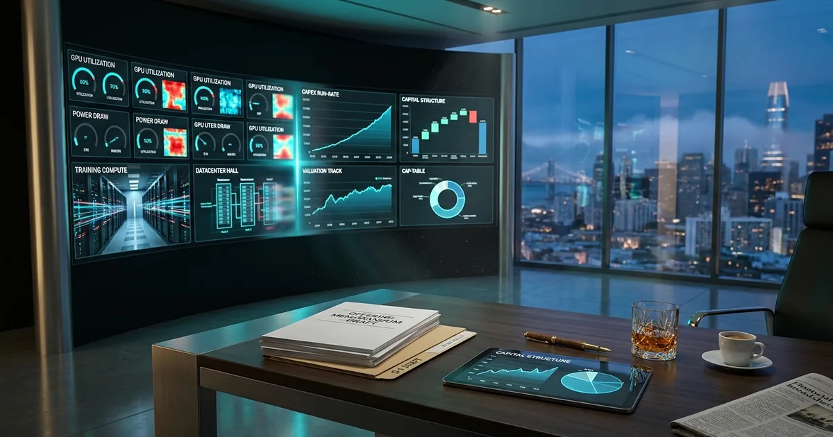 CFO strategy command suite at twilight with a dual-zone video wall showing GPU utilization, power draw and datacenter telemetry on the left and capex run-rate, capital structure, valuation and cap-table charts on the right; foreground desk holds an Offering Memorandum stack, an S-1 Draft folder, a tablet with a capital-structure chart, a fountain pen, a whiskey tumbler, and a folded financial broadsheet, with a soft-focus San Francisco skyline through the window