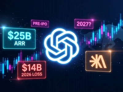 Glowing OpenAI swirl logo centered on a dark dashboard with 5B ARR, 4B 2026 LOSS, 2027 PRE-IPO data panels, an Anthropic A glyph as secondary brand, candlestick chart and faint NYSE bull silhouette in the background
