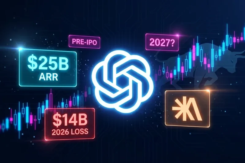 Glowing OpenAI swirl logo centered on a dark dashboard with 5B ARR, 4B 2026 LOSS, 2027 PRE-IPO data panels, an Anthropic A glyph as secondary brand, candlestick chart and faint NYSE bull silhouette in the background