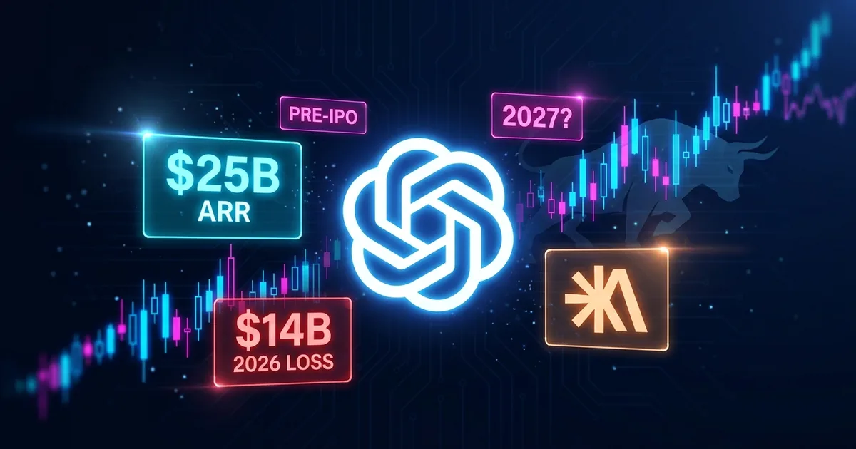 Glowing OpenAI swirl logo centered on a dark dashboard with 5B ARR, 4B 2026 LOSS, 2027 PRE-IPO data panels, an Anthropic A glyph as secondary brand, candlestick chart and faint NYSE bull silhouette in the background