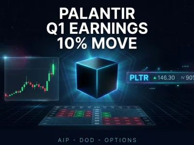 Glowing matte-black Palantir cube centered between candlestick chart, PLTR ticker and options chain on a dark dashboard composite