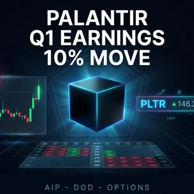 Glowing matte-black Palantir cube centered between candlestick chart, PLTR ticker and options chain on a dark dashboard composite