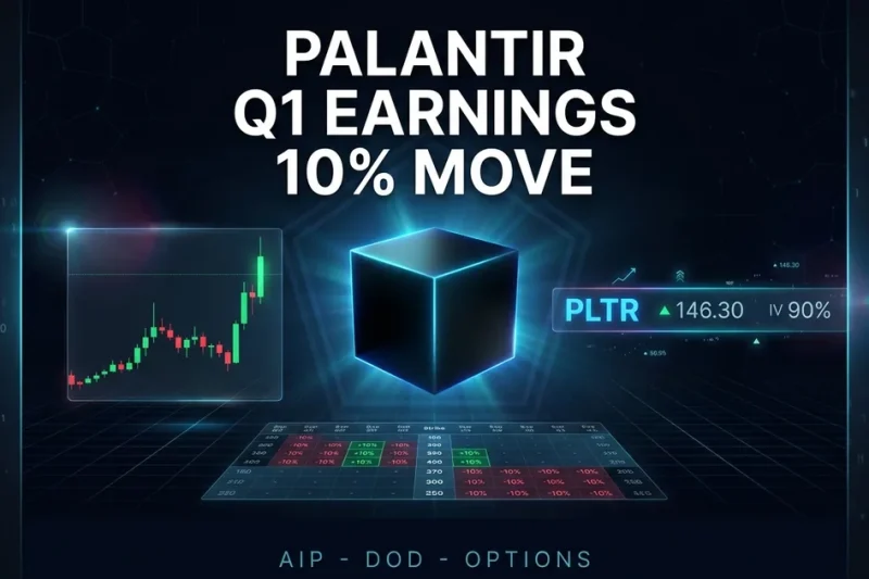 Glowing matte-black Palantir cube centered between candlestick chart, PLTR ticker and options chain on a dark dashboard composite
