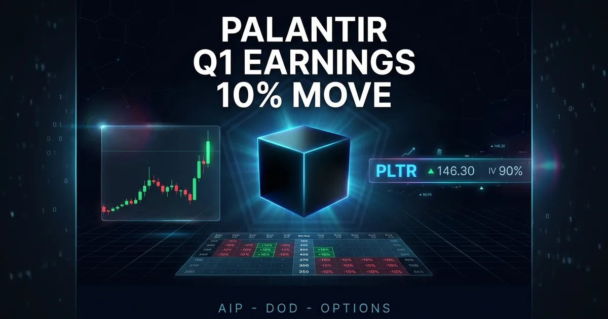 Glowing matte-black Palantir cube centered between candlestick chart, PLTR ticker and options chain on a dark dashboard composite