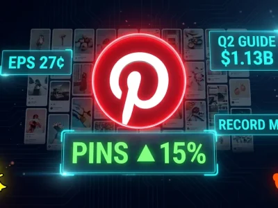 Glowing Pinterest red P logo centered on a mood-board pin grid with PINS up 15 percent green panel, EPS 27 cents, Q2 GUIDE 1.13 billion, RECORD MAU data panels, Snap and Reddit logos as secondary social-bench glyphs on a dark dashboard background