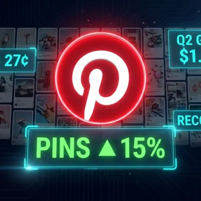 Glowing Pinterest red P logo centered on a mood-board pin grid with PINS up 15 percent green panel, EPS 27 cents, Q2 GUIDE 1.13 billion, RECORD MAU data panels, Snap and Reddit logos as secondary social-bench glyphs on a dark dashboard background