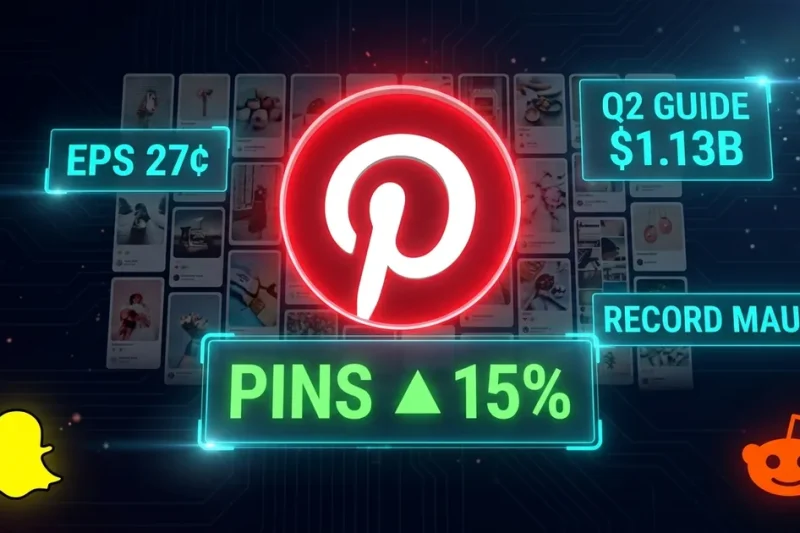 Glowing Pinterest red P logo centered on a mood-board pin grid with PINS up 15 percent green panel, EPS 27 cents, Q2 GUIDE 1.13 billion, RECORD MAU data panels, Snap and Reddit logos as secondary social-bench glyphs on a dark dashboard background