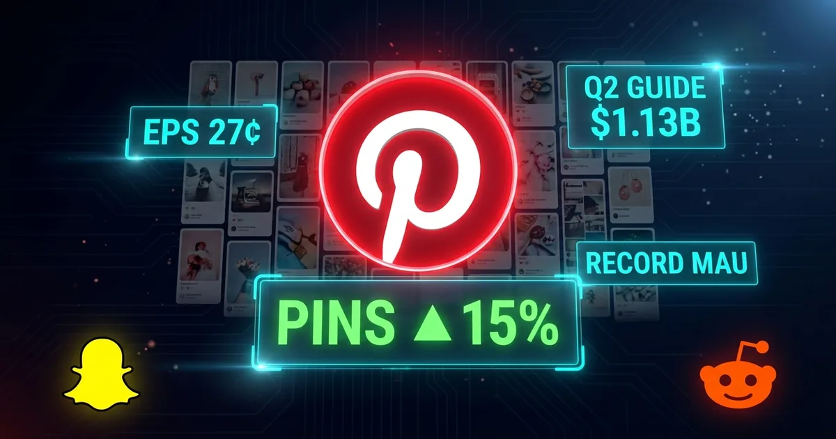 Glowing Pinterest red P logo centered on a mood-board pin grid with PINS up 15 percent green panel, EPS 27 cents, Q2 GUIDE 1.13 billion, RECORD MAU data panels, Snap and Reddit logos as secondary social-bench glyphs on a dark dashboard background