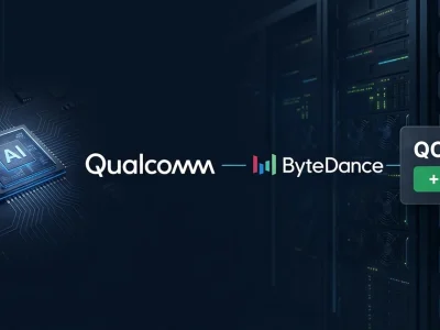 Qualcomm and ByteDance logos joined by a connecting line beside a QCOM stock panel up 8 percent, with an AI accelerator chip and data-center server racks on a dark navy background
