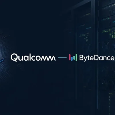 Qualcomm and ByteDance logos joined by a connecting line beside a QCOM stock panel up 8 percent, with an AI accelerator chip and data-center server racks on a dark navy background